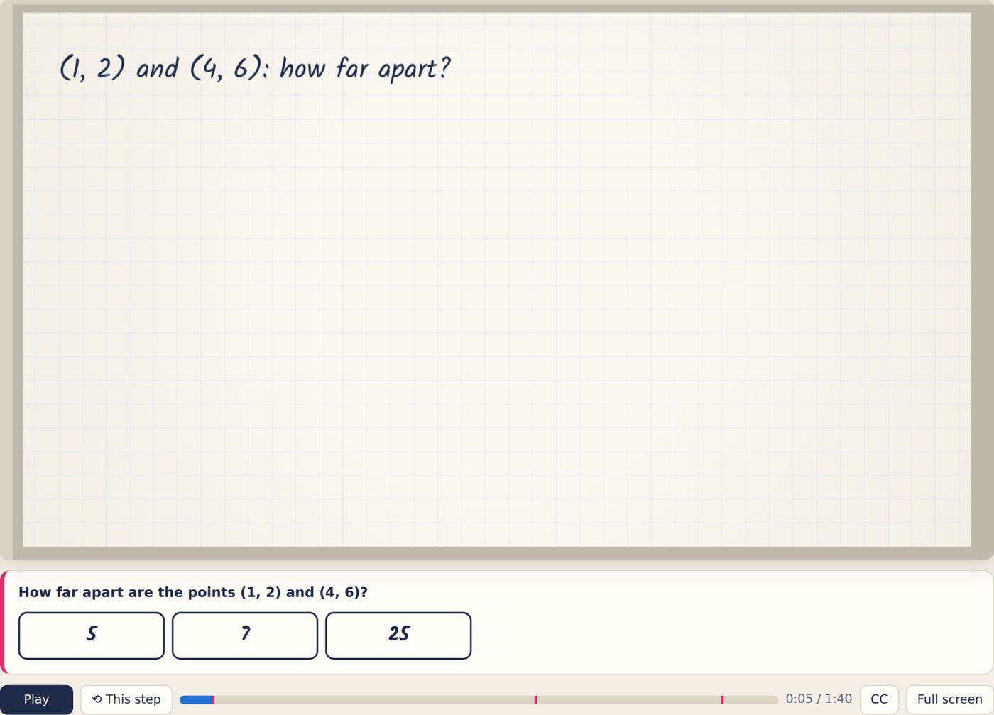 A lesson opening with a guess: how far apart are (1, 2) and (4, 6)? Options 5, 7 and 25