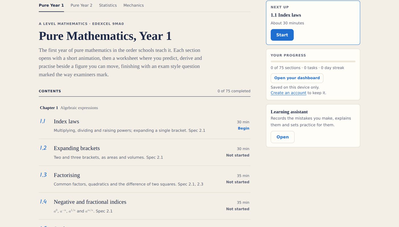 The course contents page for Pure Mathematics Year 1, listing sections with their spec references and a progress panel
